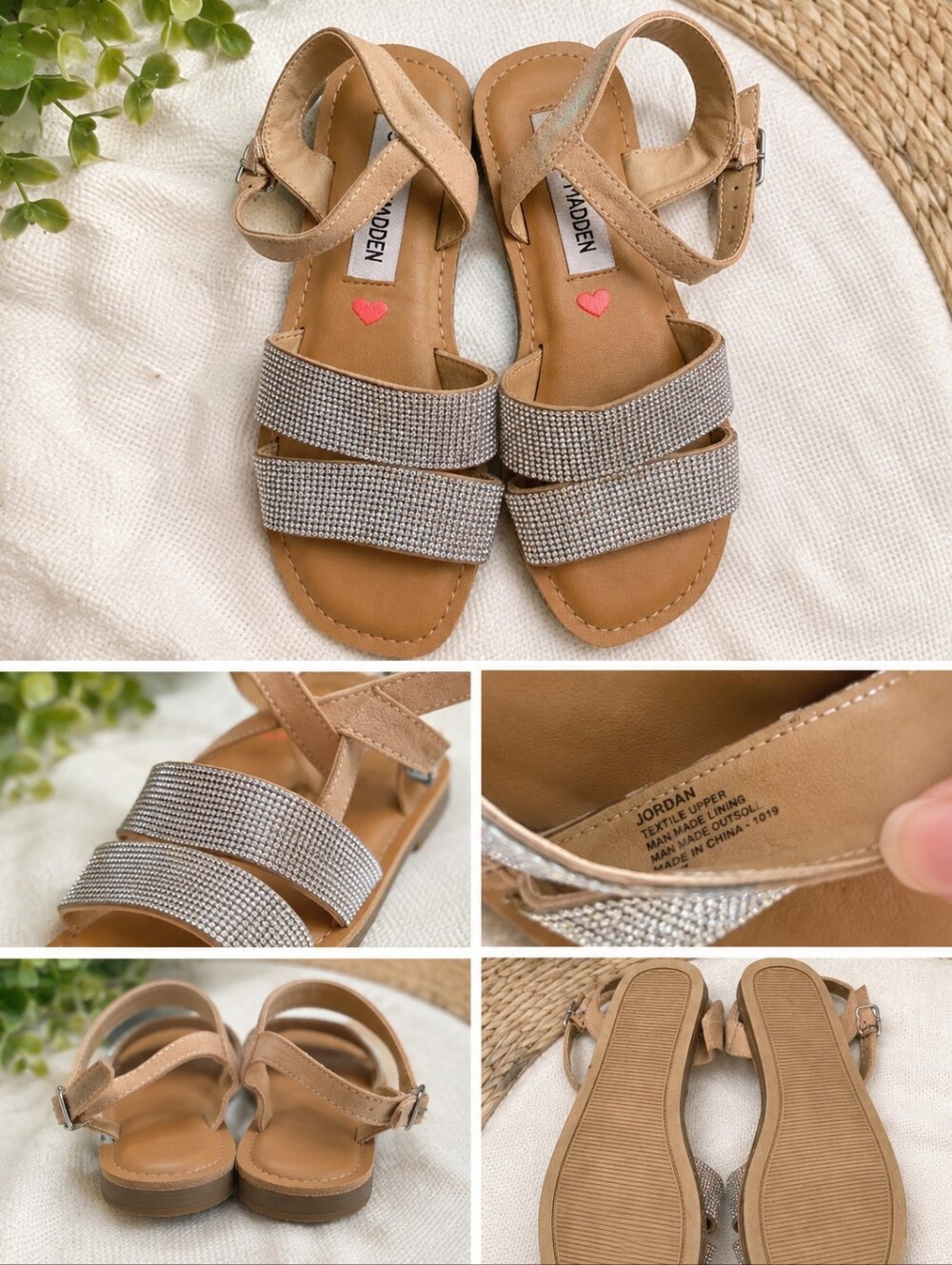 Steve Madden Girls Rhinestone Glitter Sandals Tan Ankle Strap Size 1 Youth